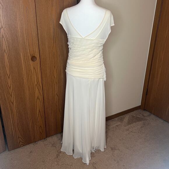 Vtg 90s Womens Maxi Dress 14 Ivory Ruched Broach Wedding Romantic Ethereal Angel - Picture 8 of 12